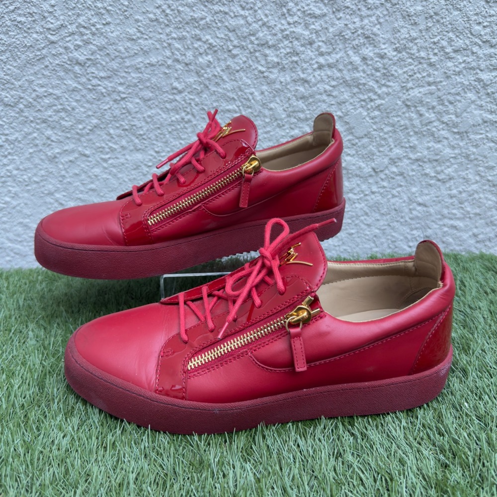 Giuseppe Zanotti Sneakers London Red Leather Gold Dual Zip Low Top Mens Size 45